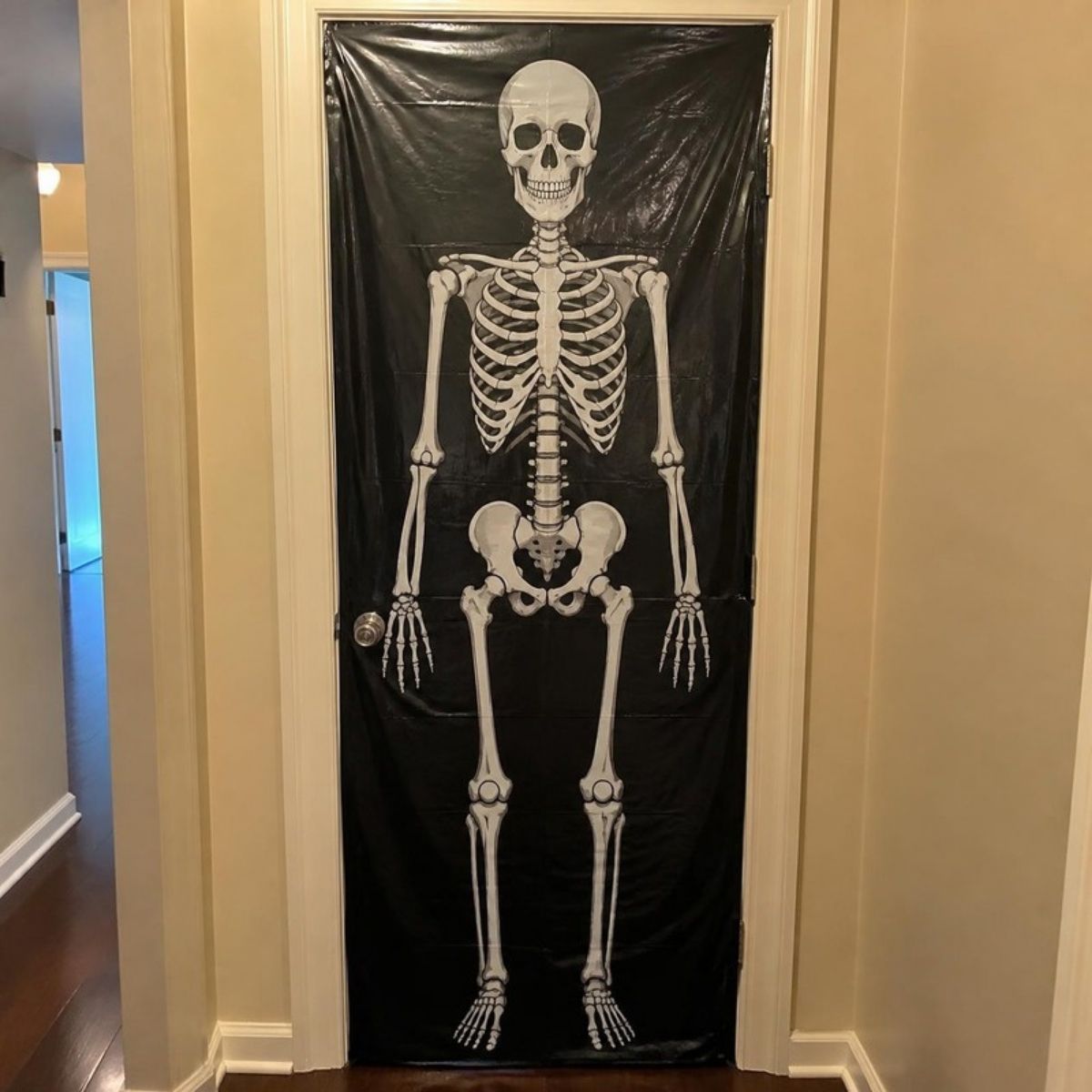 Door covered with a life-size skeleton poster