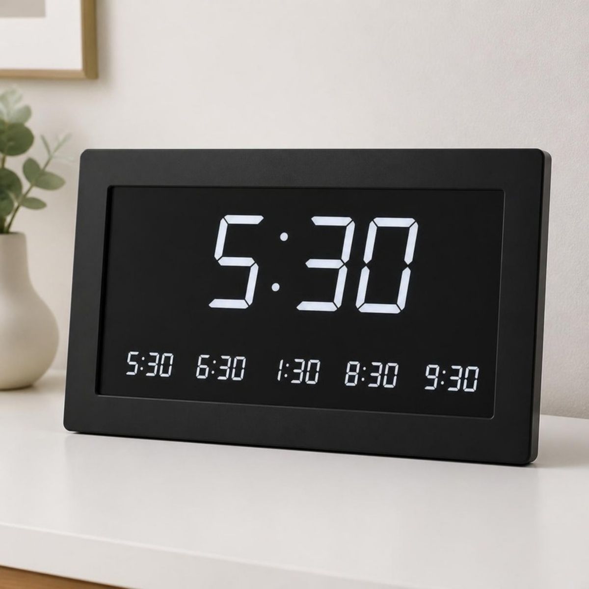 Black digital frame showing the time and five daily prayer times