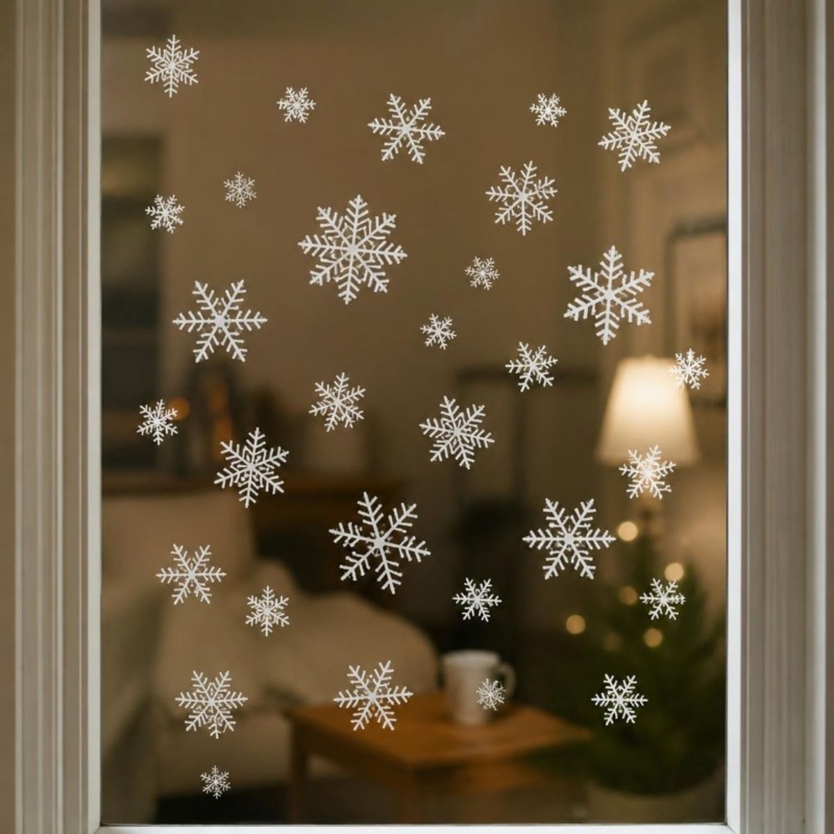 White snowflake clings on a window looking into a cozy living room