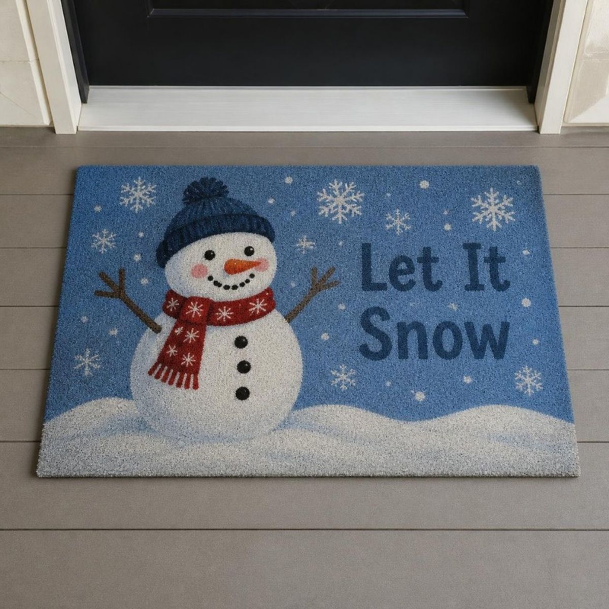 Blue "Let It Snow" doormat with a snowman in a hat and red scarf