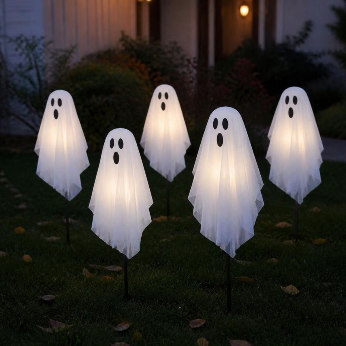 Five glowing white ghost stake lights on a lawn