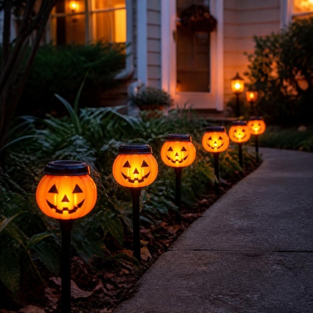 Glowing jack o' lantern stake lights lining a front walkway