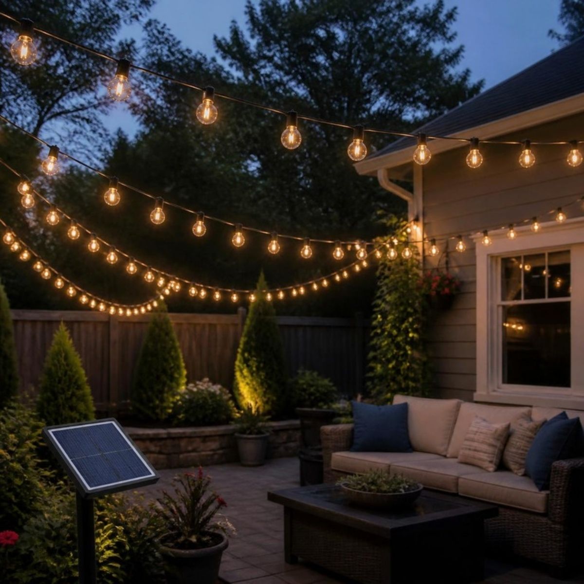 Glowing globe string lights over a backyard patio at dusk with a solar panel