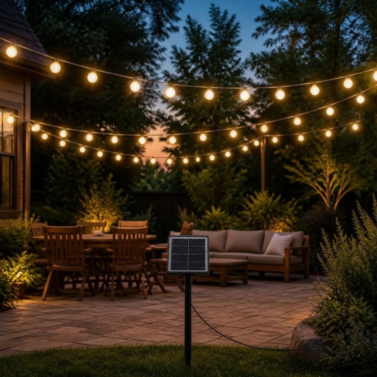 Warm white globe string lights with a small solar panel