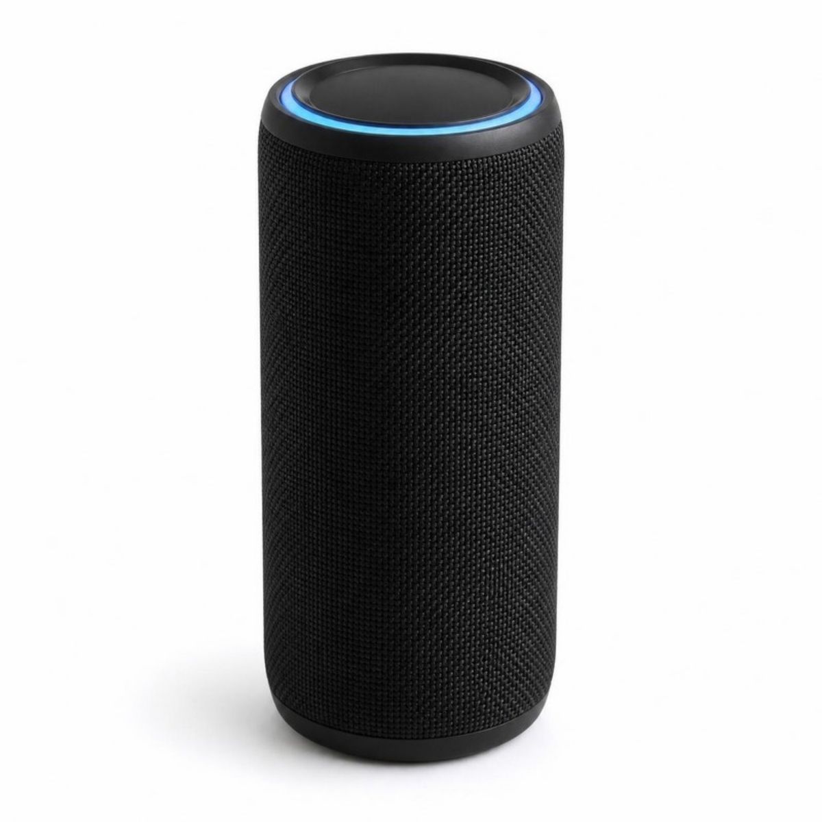 Black cylinder speaker with a glowing blue ring