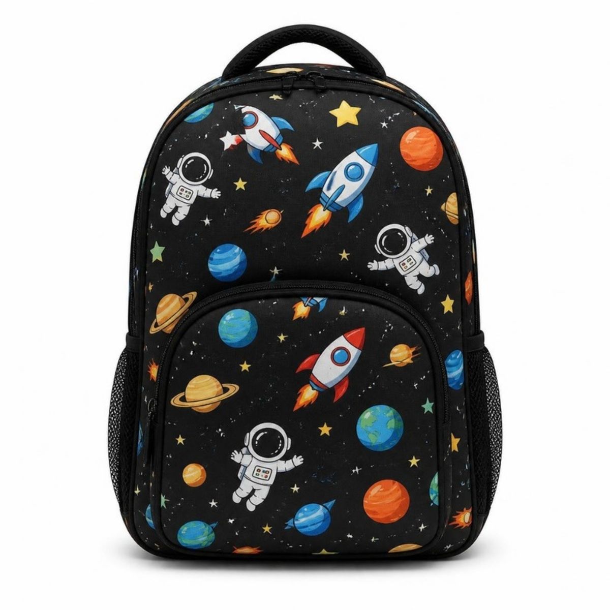 Black kids backpack printed with rockets, planets, stars and astronauts