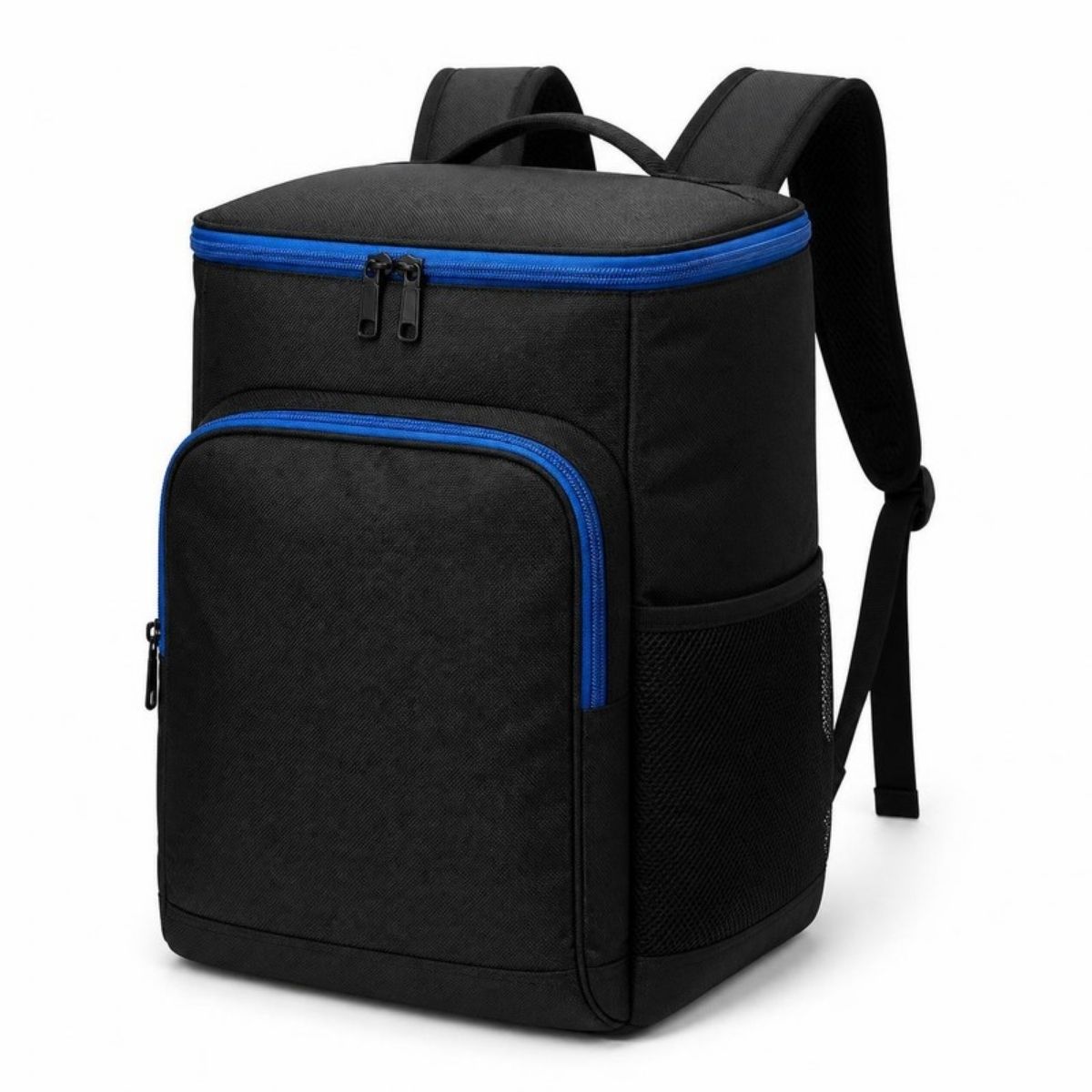 Black backpack cooler with blue zipper accents