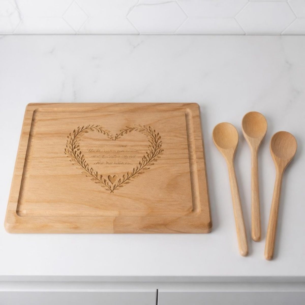 Wooden cutting board engraved with a leafy heart and script, with three wooden spoons