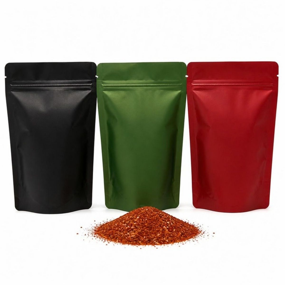 Three stand-up pouches of BBQ rub in black, green and red
