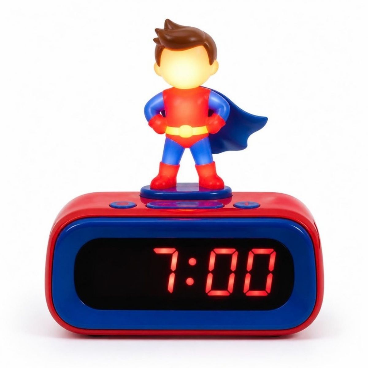 Red and blue digital alarm clock with a glowing superhero figure on top