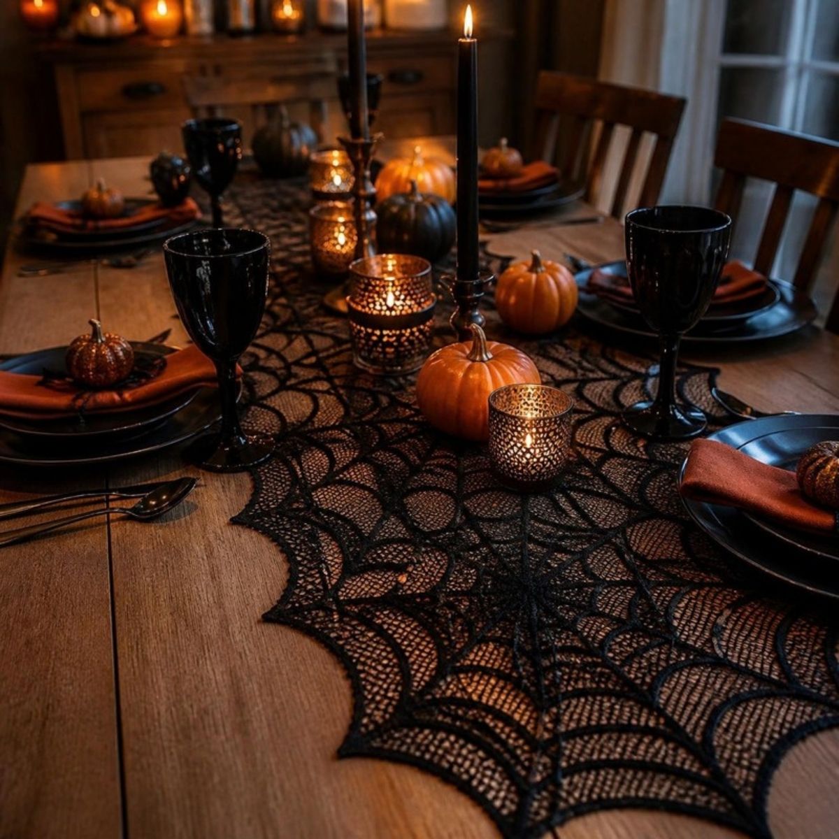 Black lace spider web table runner on a dining table with pumpkins and candles