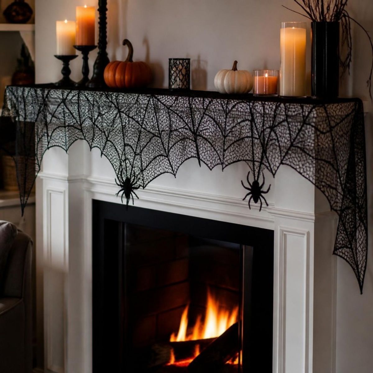 Black lace spiderweb scarf draped over a fireplace mantel