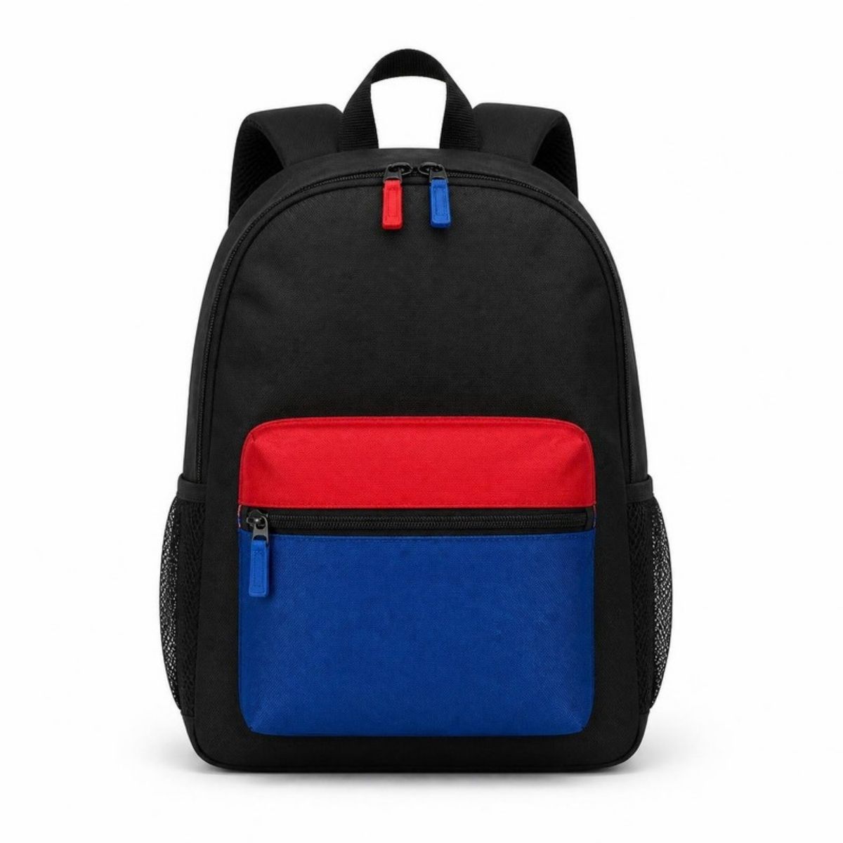 Black kids backpack with a red and blue front pocket