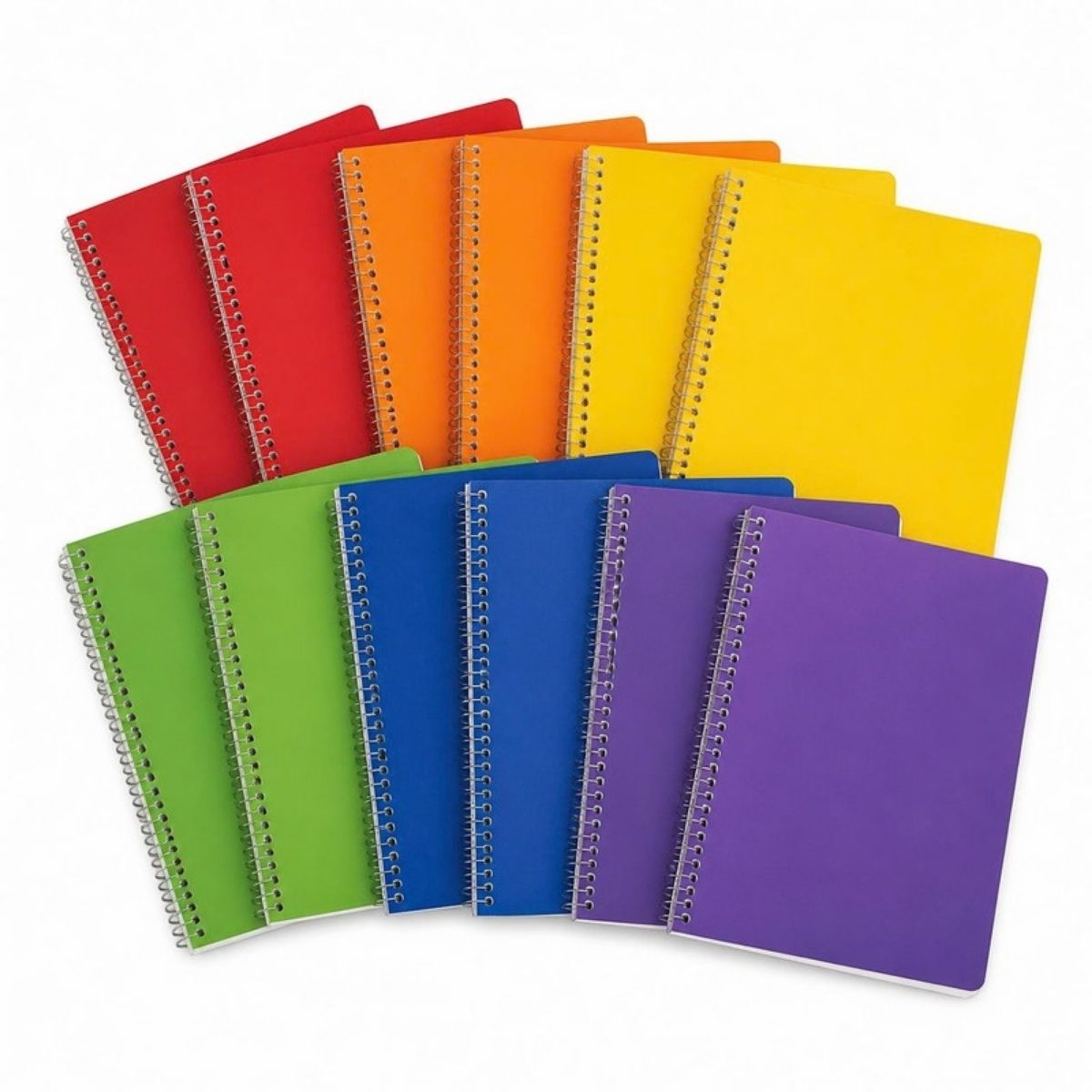 Twelve spiral notebooks in red, orange, yellow, green, blue and purple