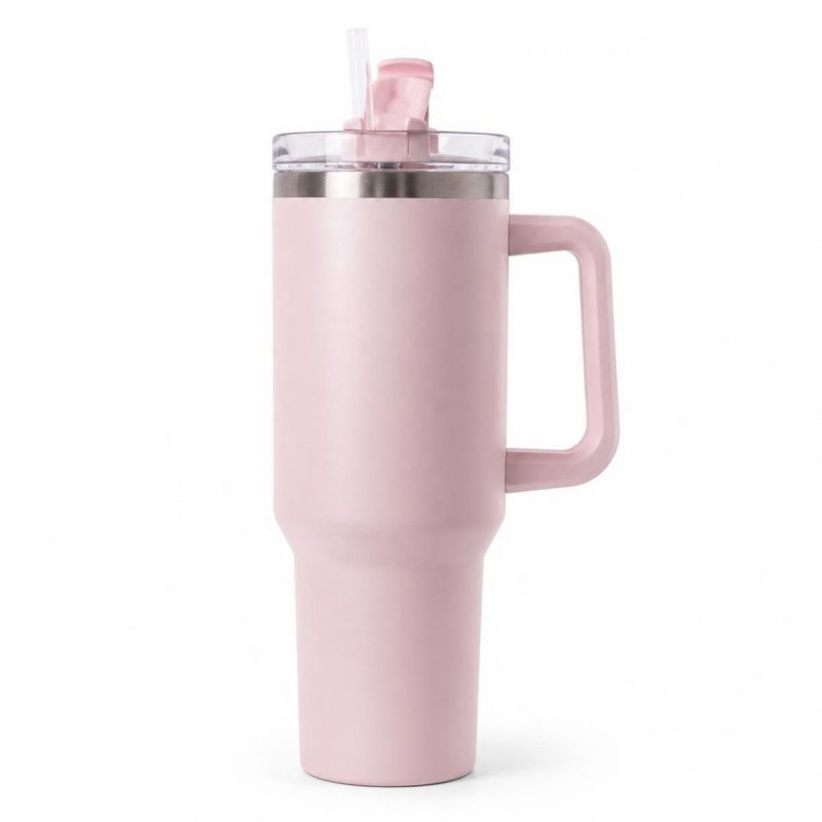 Pale pink 40 oz tumbler with a handle and flip straw