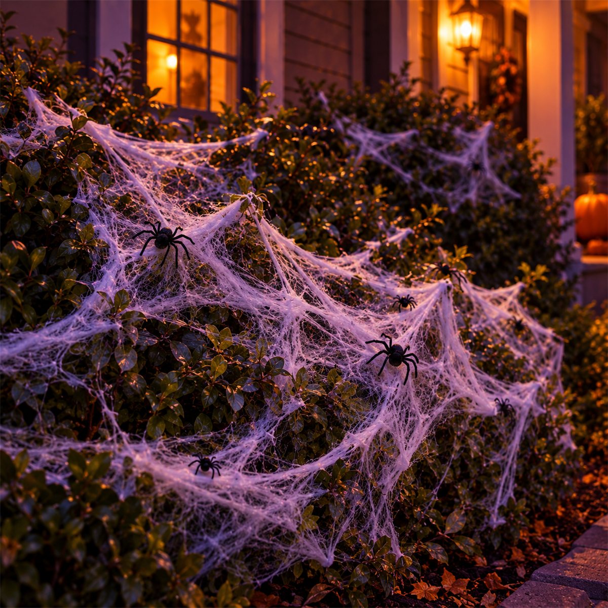 Stretch spider webs with fake spiders