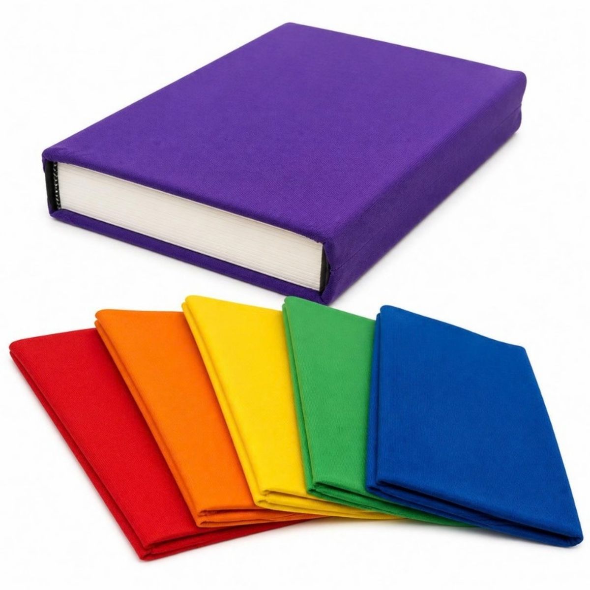 Purple fabric book cover on a book with red, orange, yellow, green and blue covers in front
