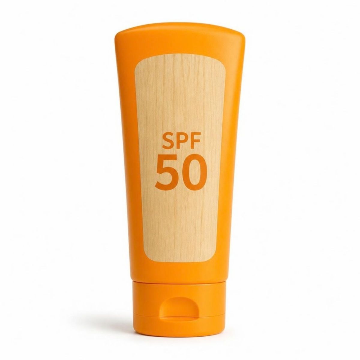 Orange SPF 50 sunscreen bottle with a wood grain label