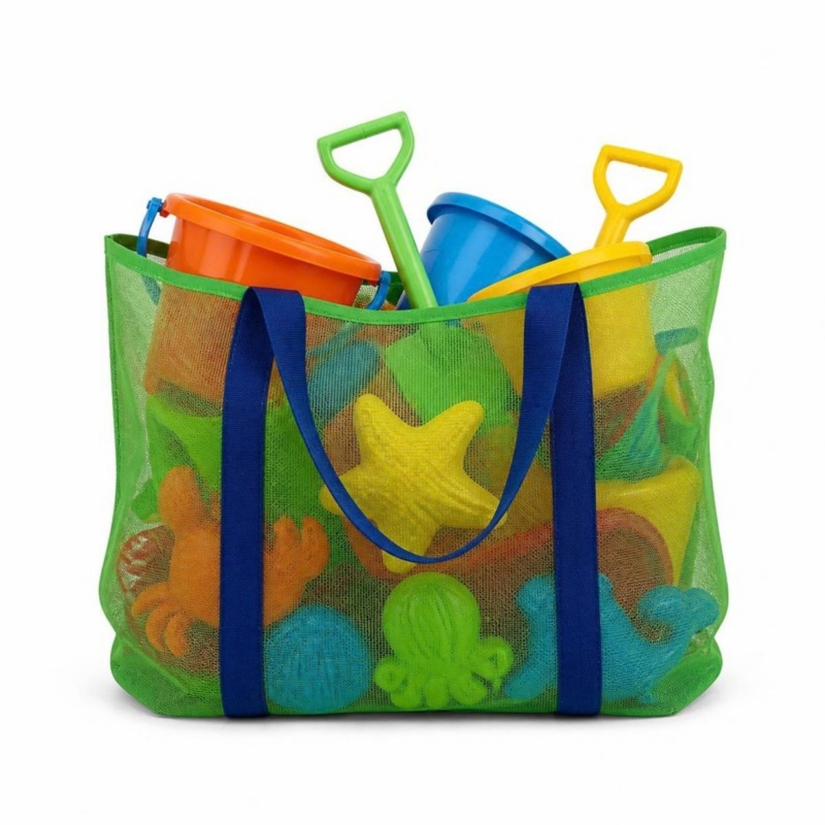 Green mesh beach bag with blue handles, full of buckets, shovels and sand molds