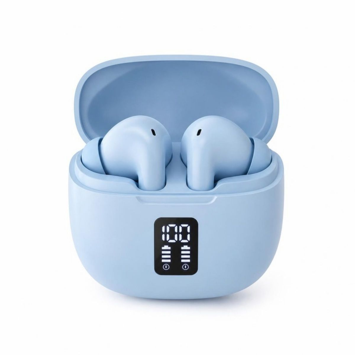 Light blue wireless earbuds in a charging case with a digital display