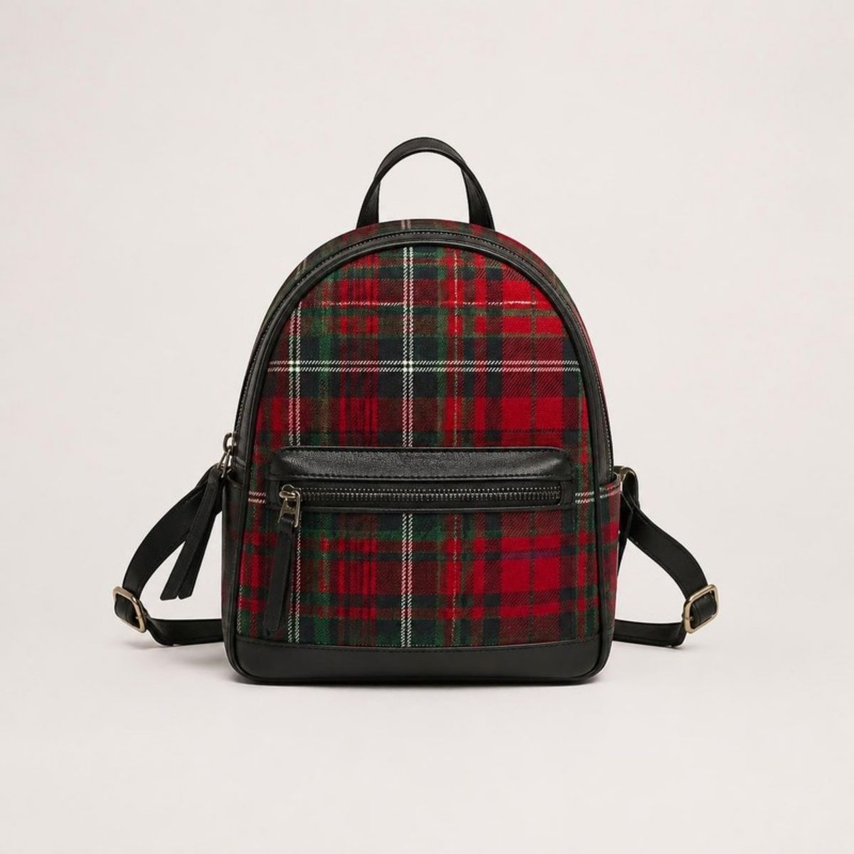 Red and green tartan plaid mini backpack with black trim