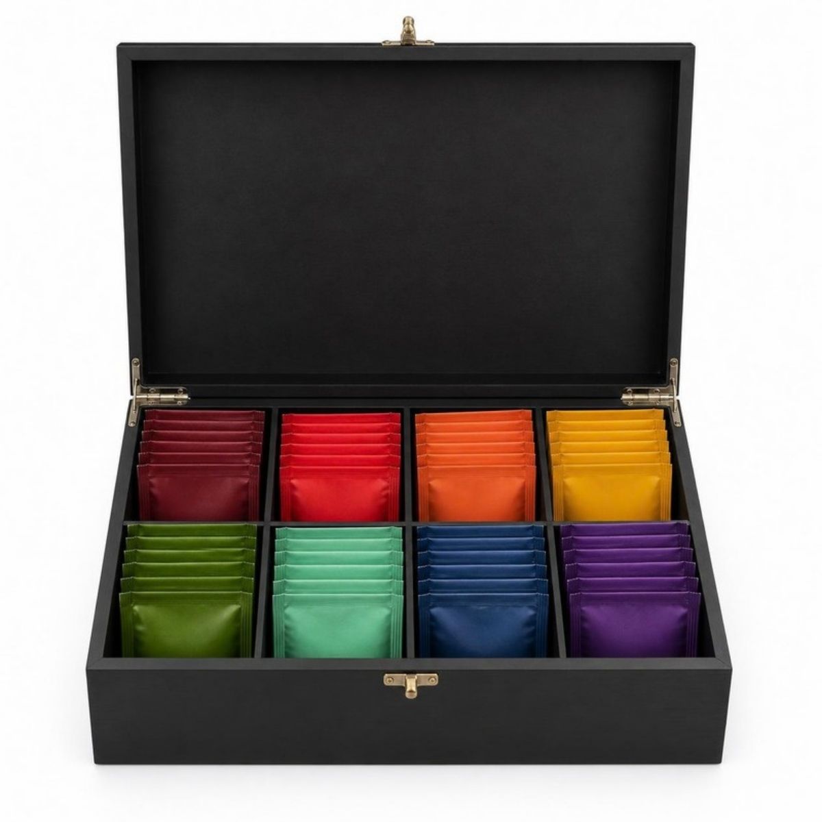 Black tea box with rows of colorful tea bag packets