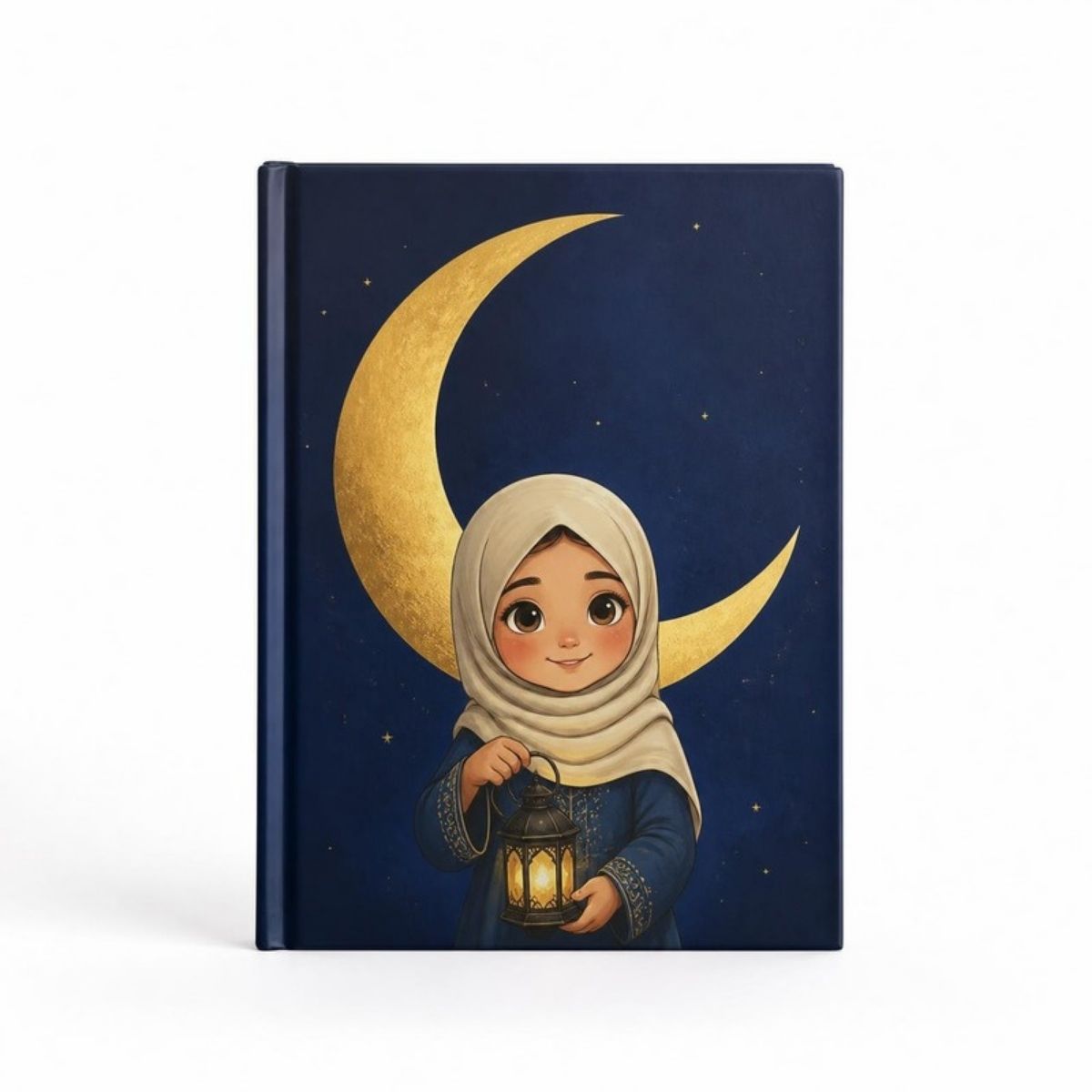 Navy children's book with a crescent moon and a smiling girl on the cover