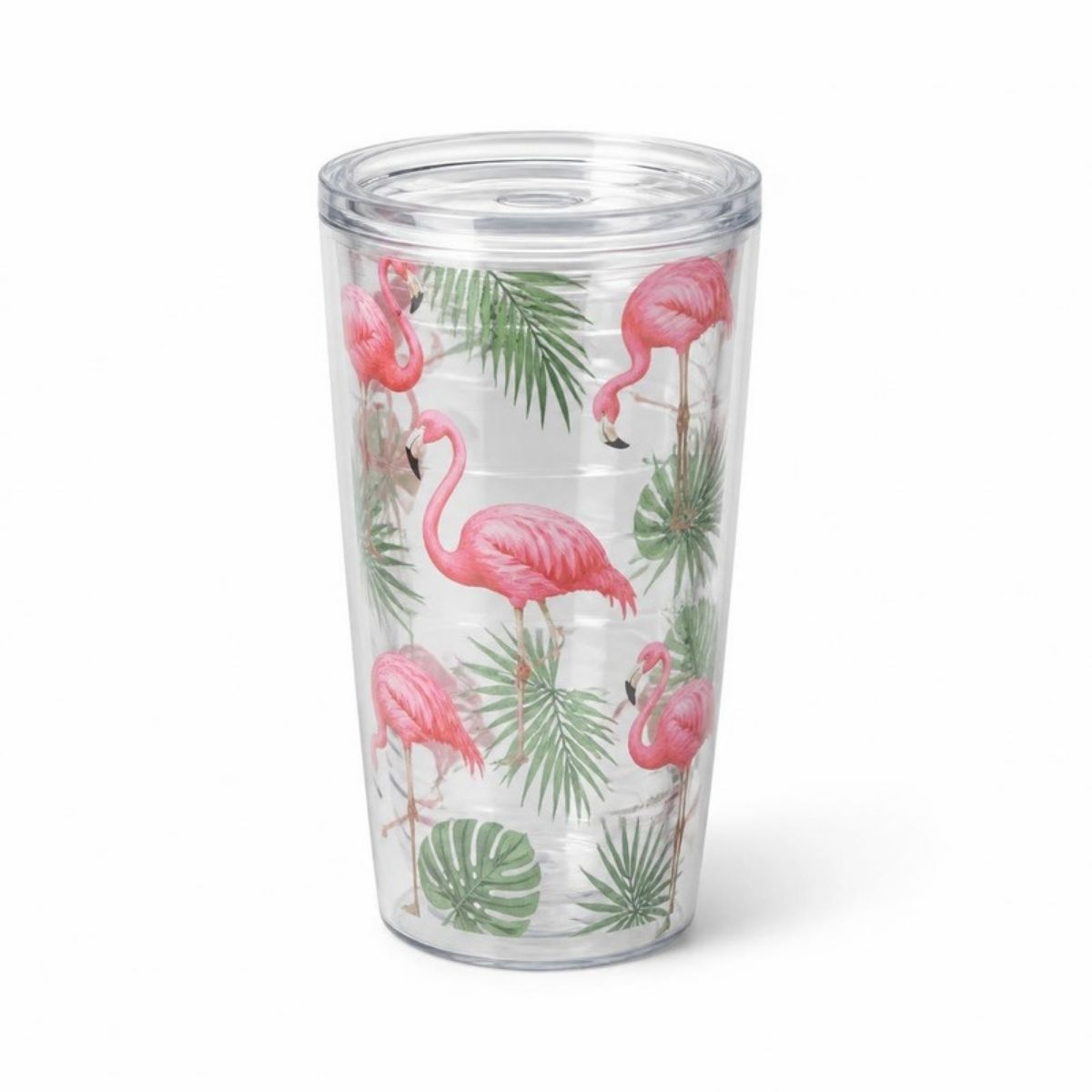 Clear tumbler with pink flamingos and green palm leaves