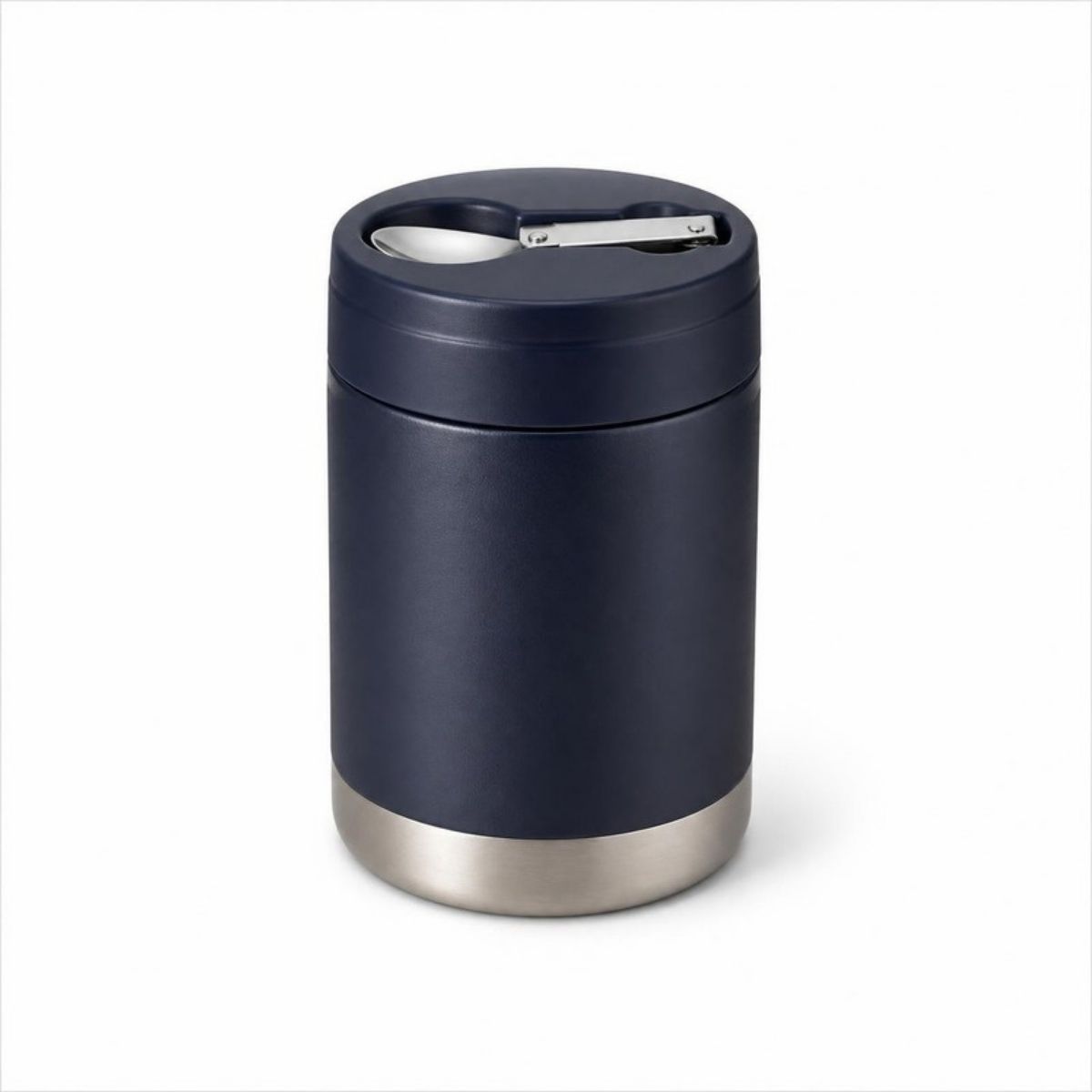 Navy blue insulated food jar with a folding spoon in the lid