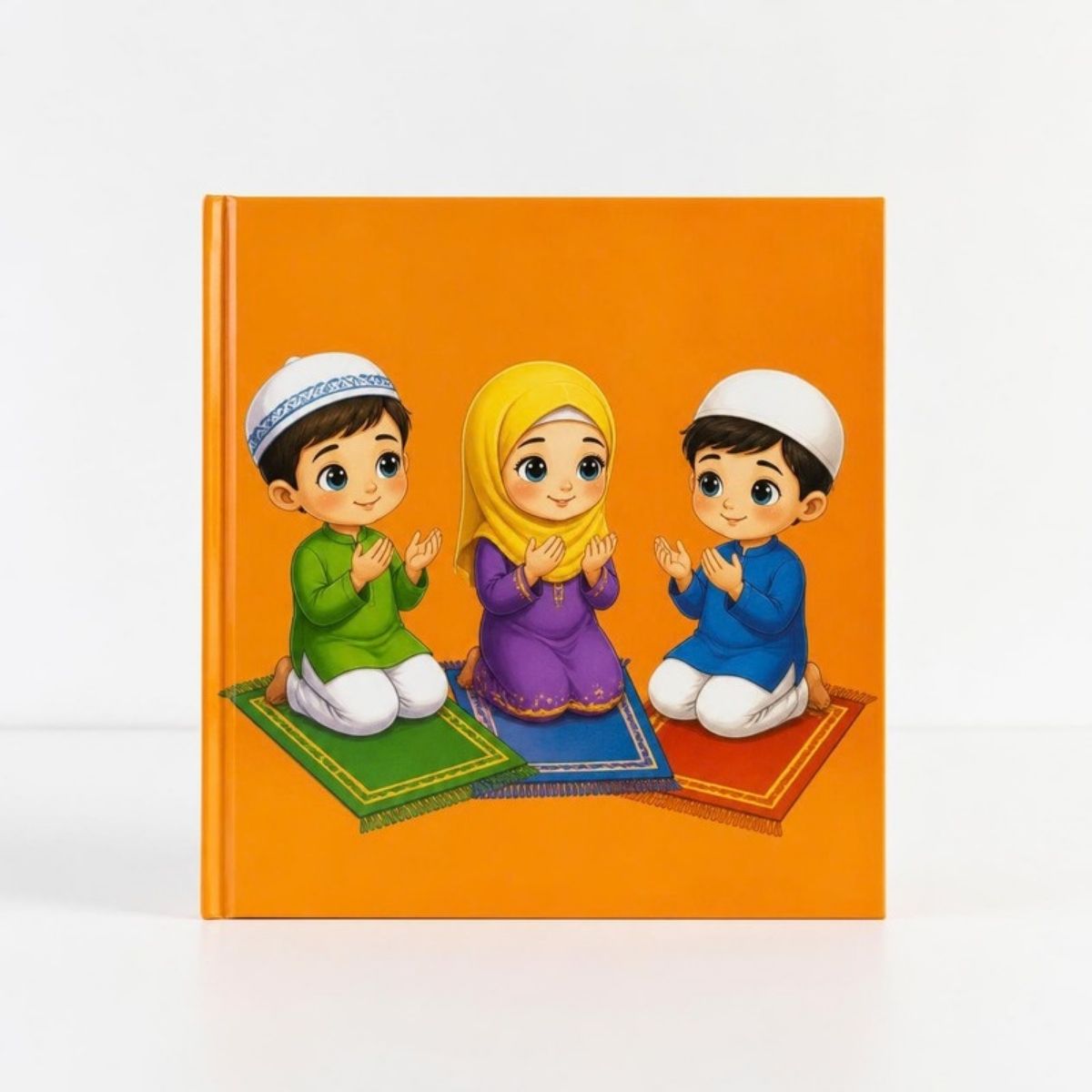 Bright orange children's book with three kids on prayer rugs on the cover