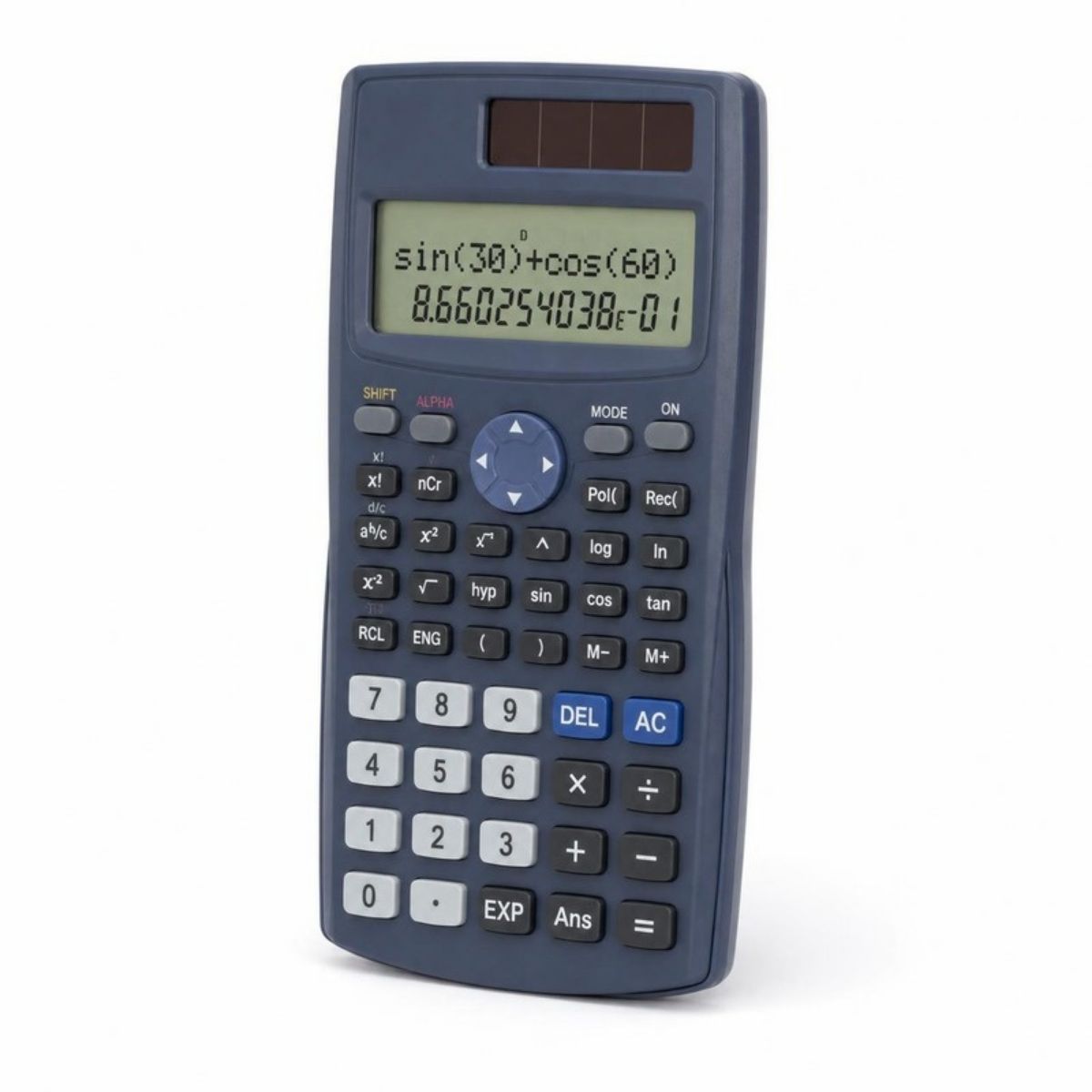 Navy scientific calculator with a two-line display and a solar panel