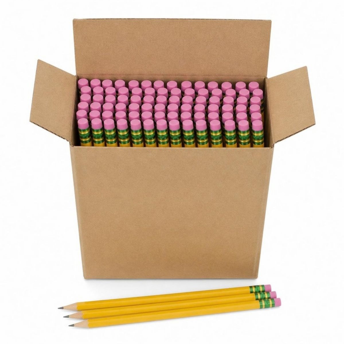 Open box full of sharpened yellow pencils with pink erasers