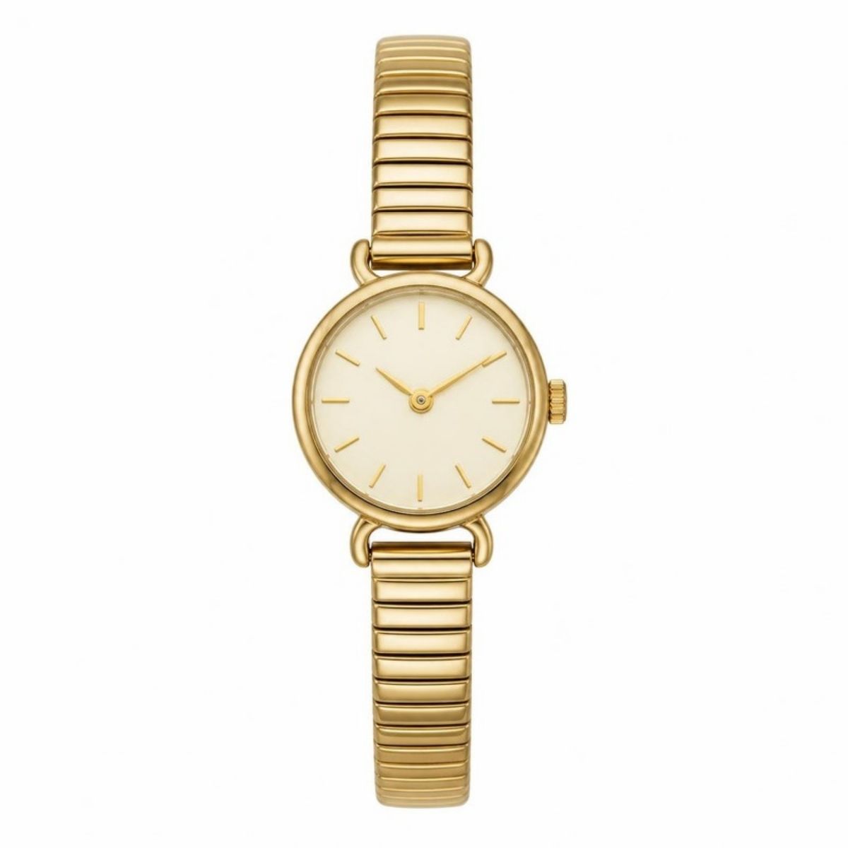 Small gold-tone women's watch with a cream dial and stretch band