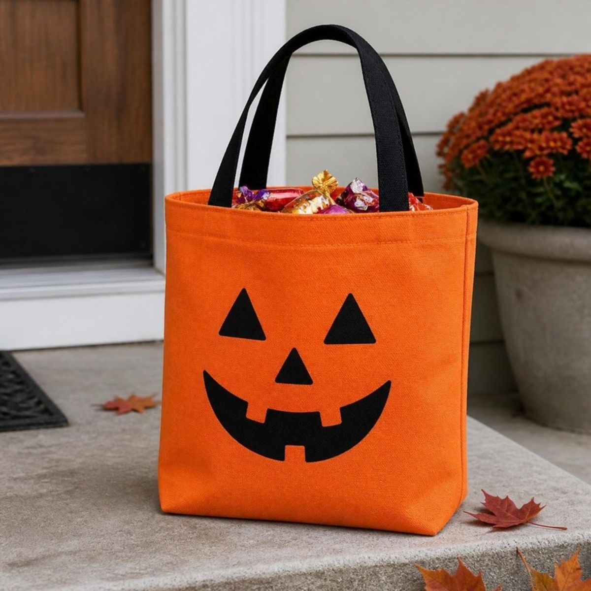 Orange jack o' lantern tote bag filled with candy