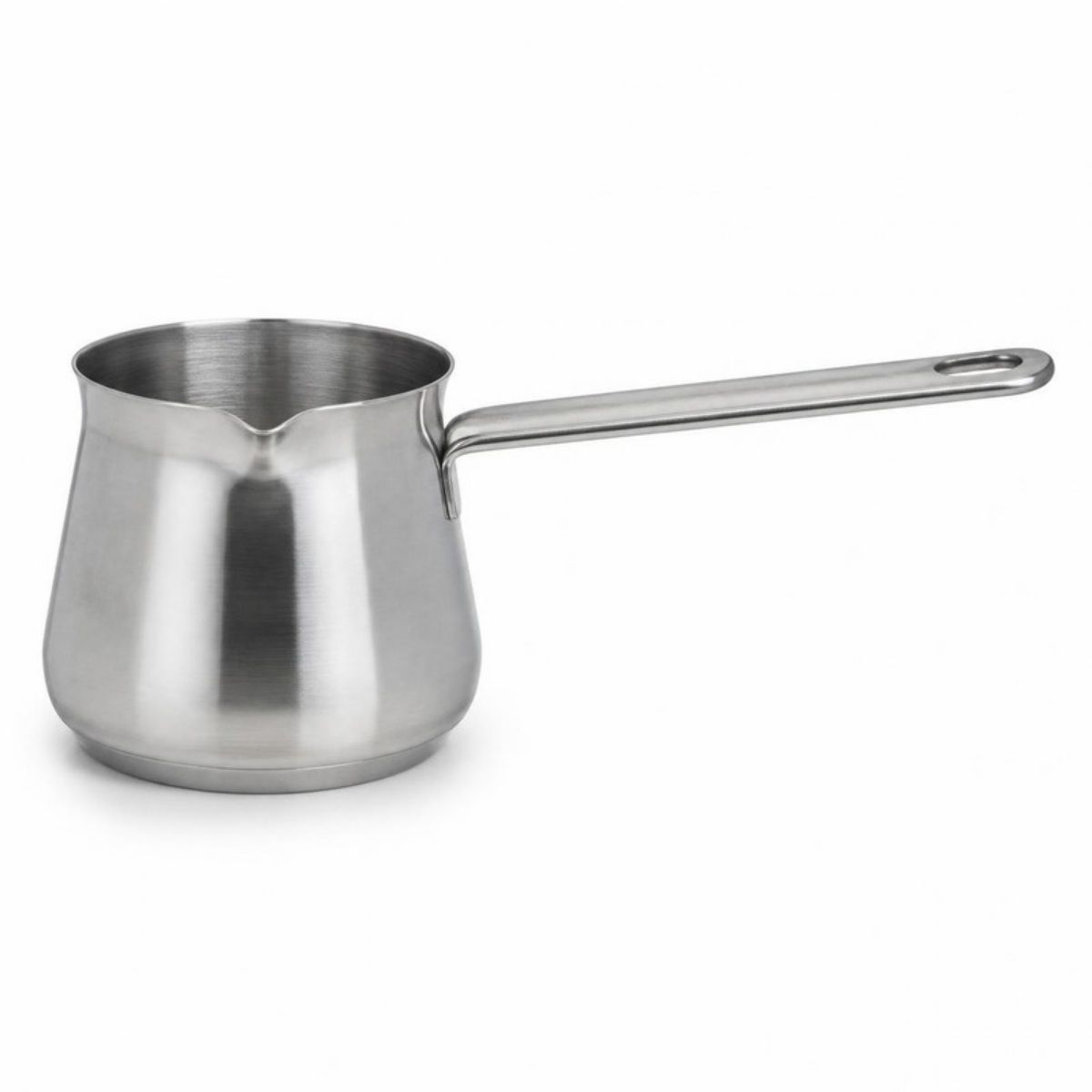 Silver stainless steel coffee pot with a long handle