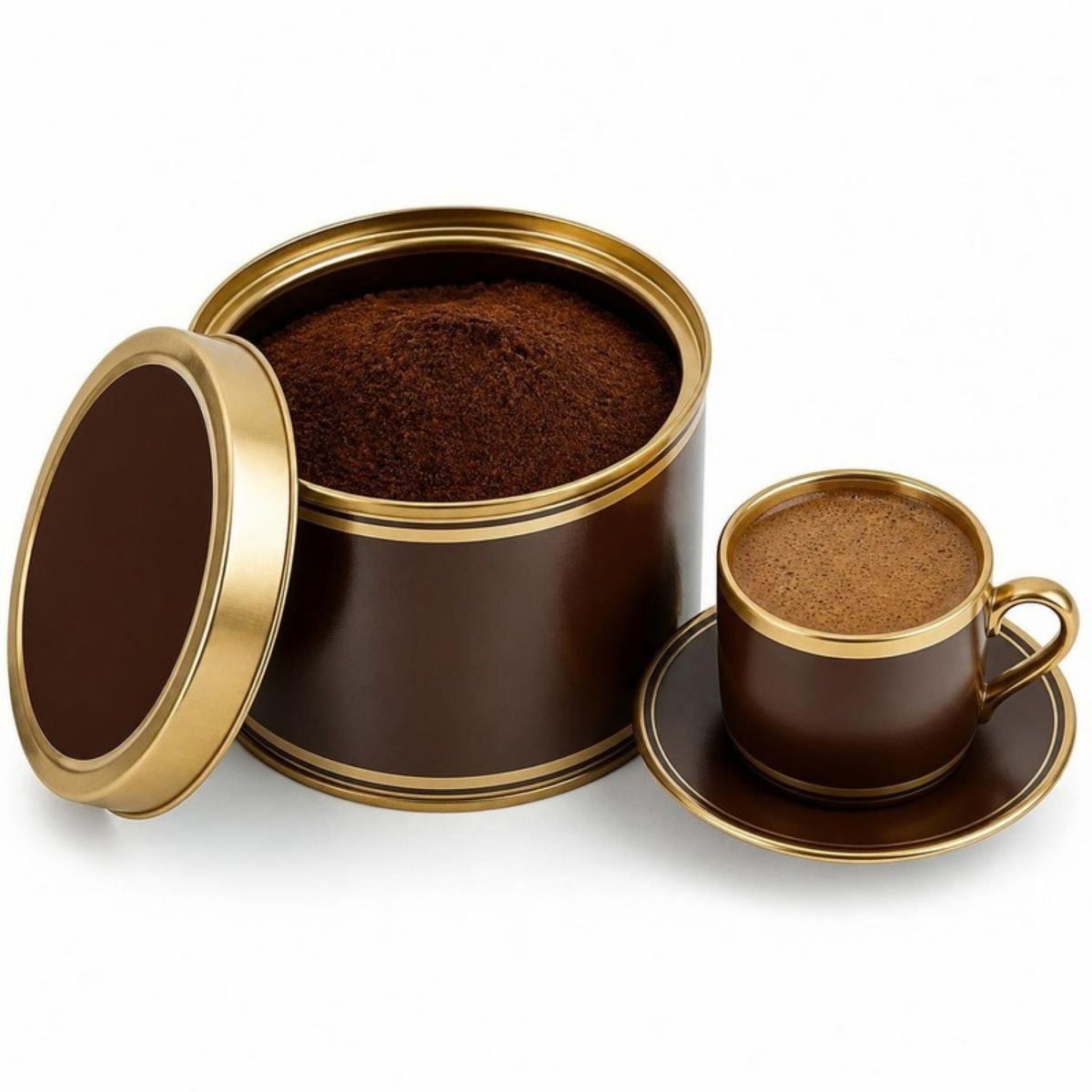 Open brown and gold tin of Turkish coffee beside a small cup