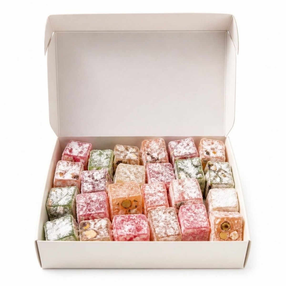 Box of colorful Turkish delight cubes dusted with sugar