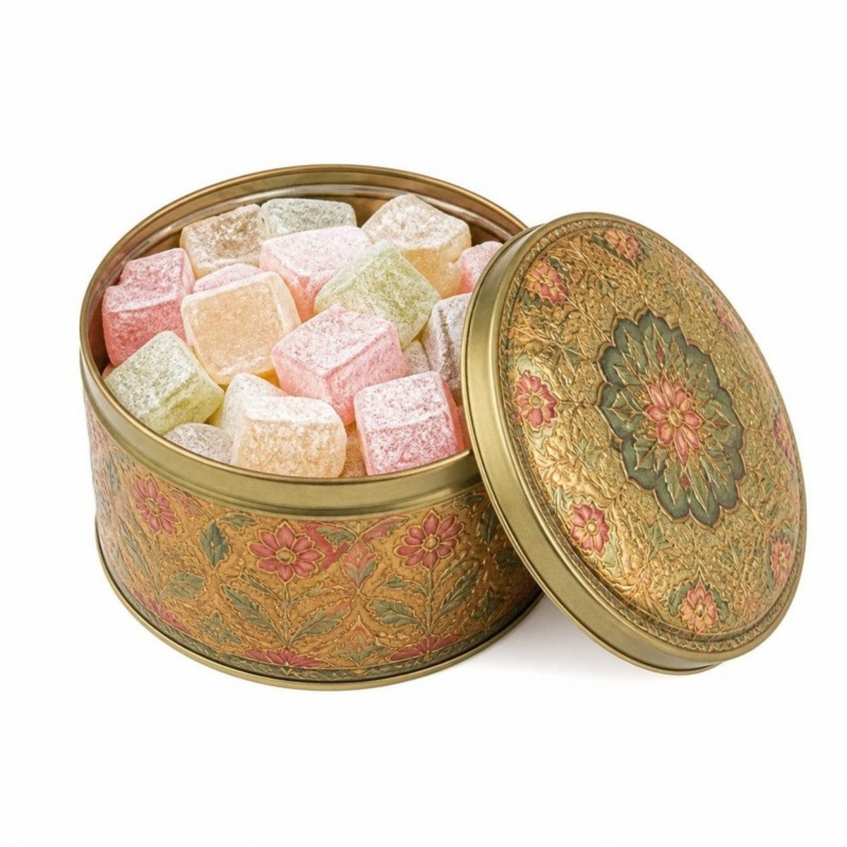 Open tin of pastel Turkish delight pieces