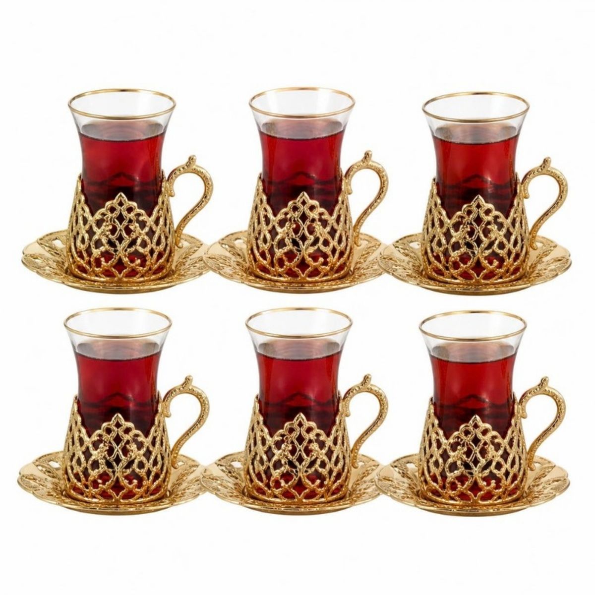 Six tulip shaped tea glasses in ornate gold holders on matching saucers