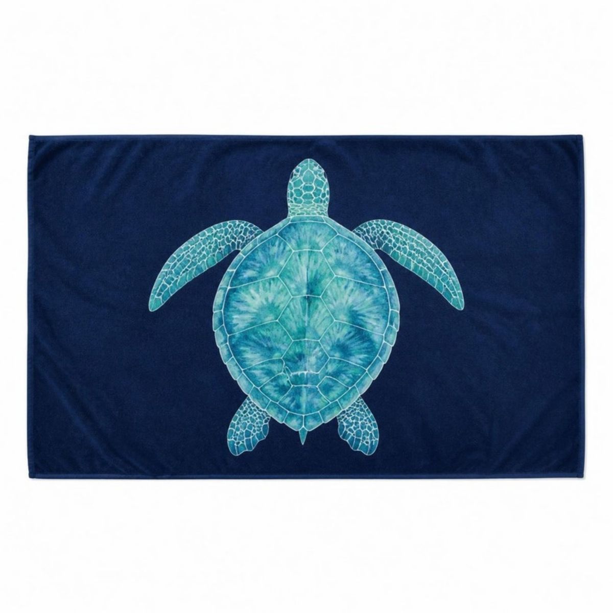 Navy beach towel with a big teal sea turtle