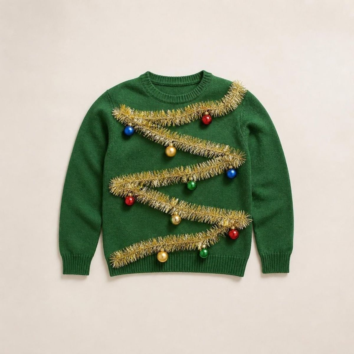 Green Christmas sweater with gold tinsel garland and colorful ornaments