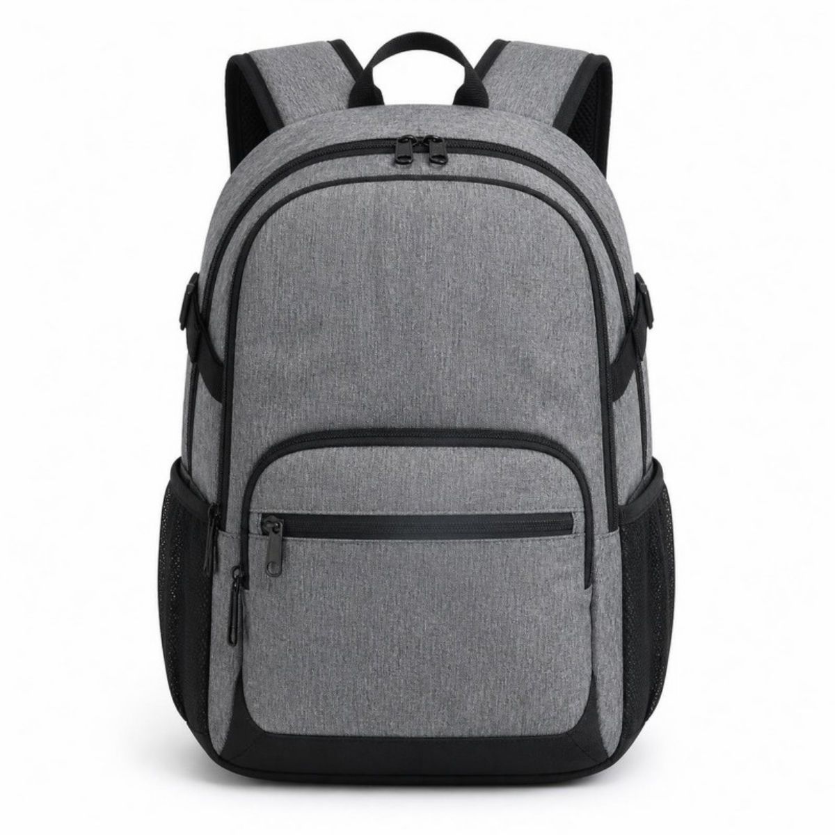 Heather gray backpack with black trim and a front zip pocket