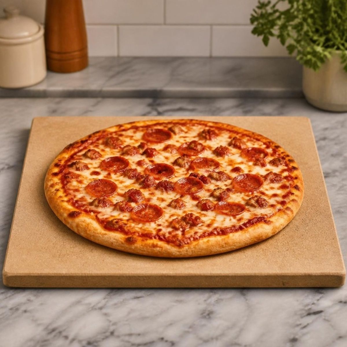 Rectangular tan pizza stone with a pepperoni pizza on it