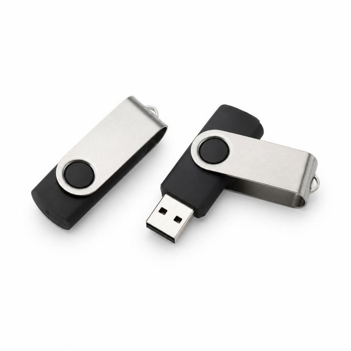 Two black swivel USB flash drives with silver covers