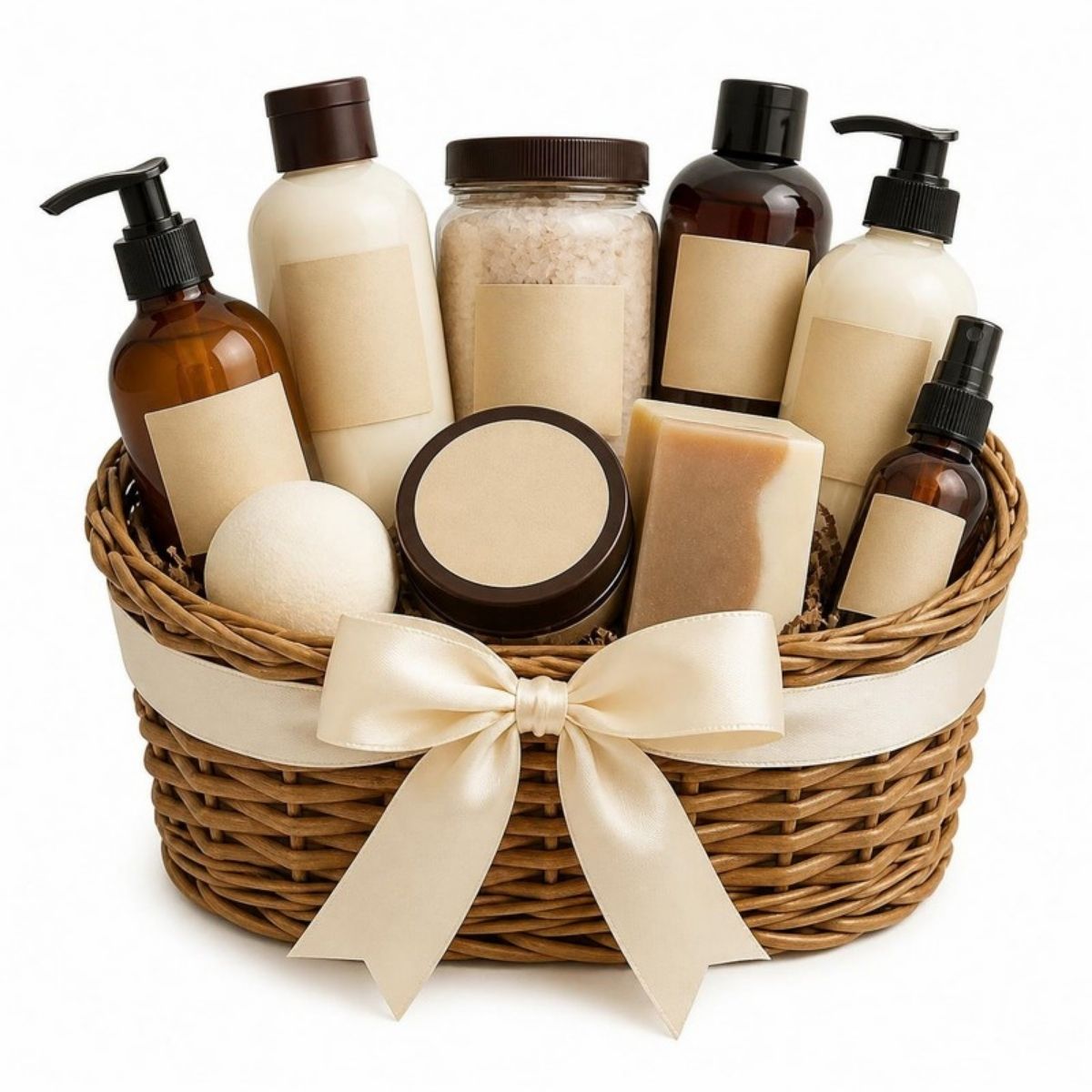 Woven basket with brown and cream bath products tied with a bow