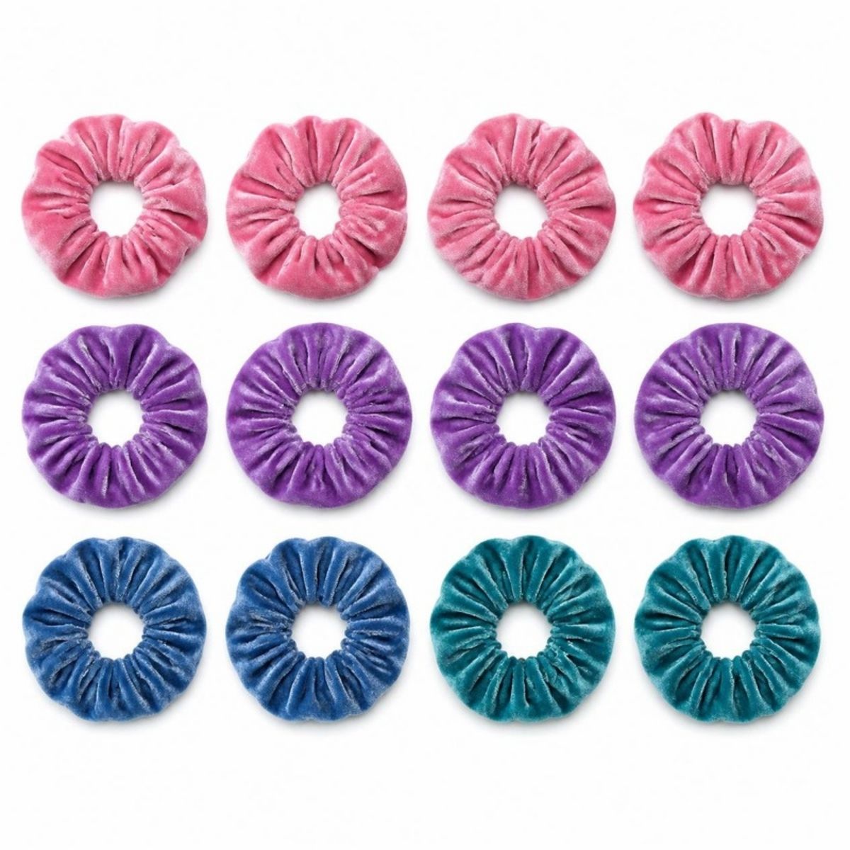 Twelve velvet scrunchies in pink, purple, blue and teal