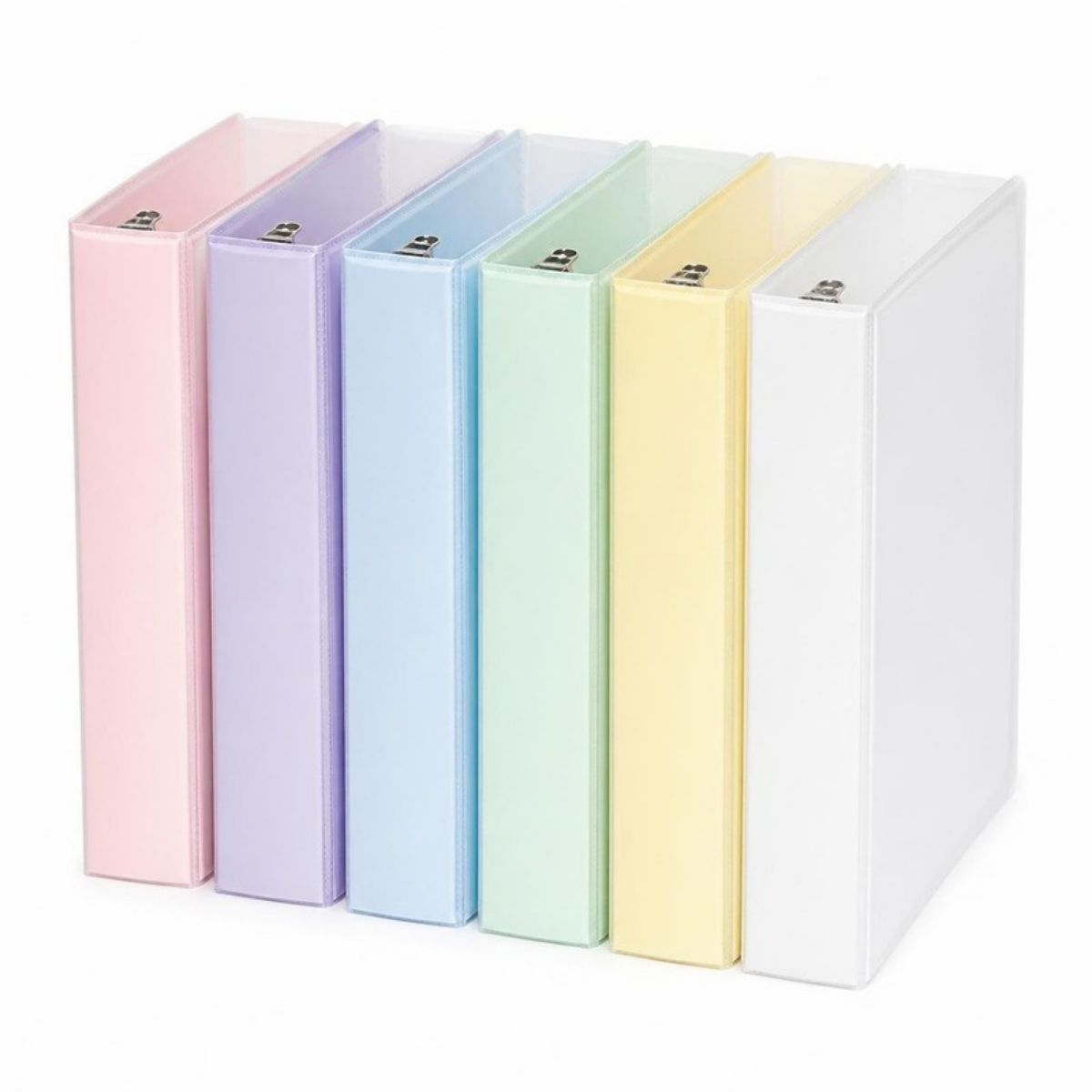 Six binders in pastel pink, purple, blue, green, yellow and white