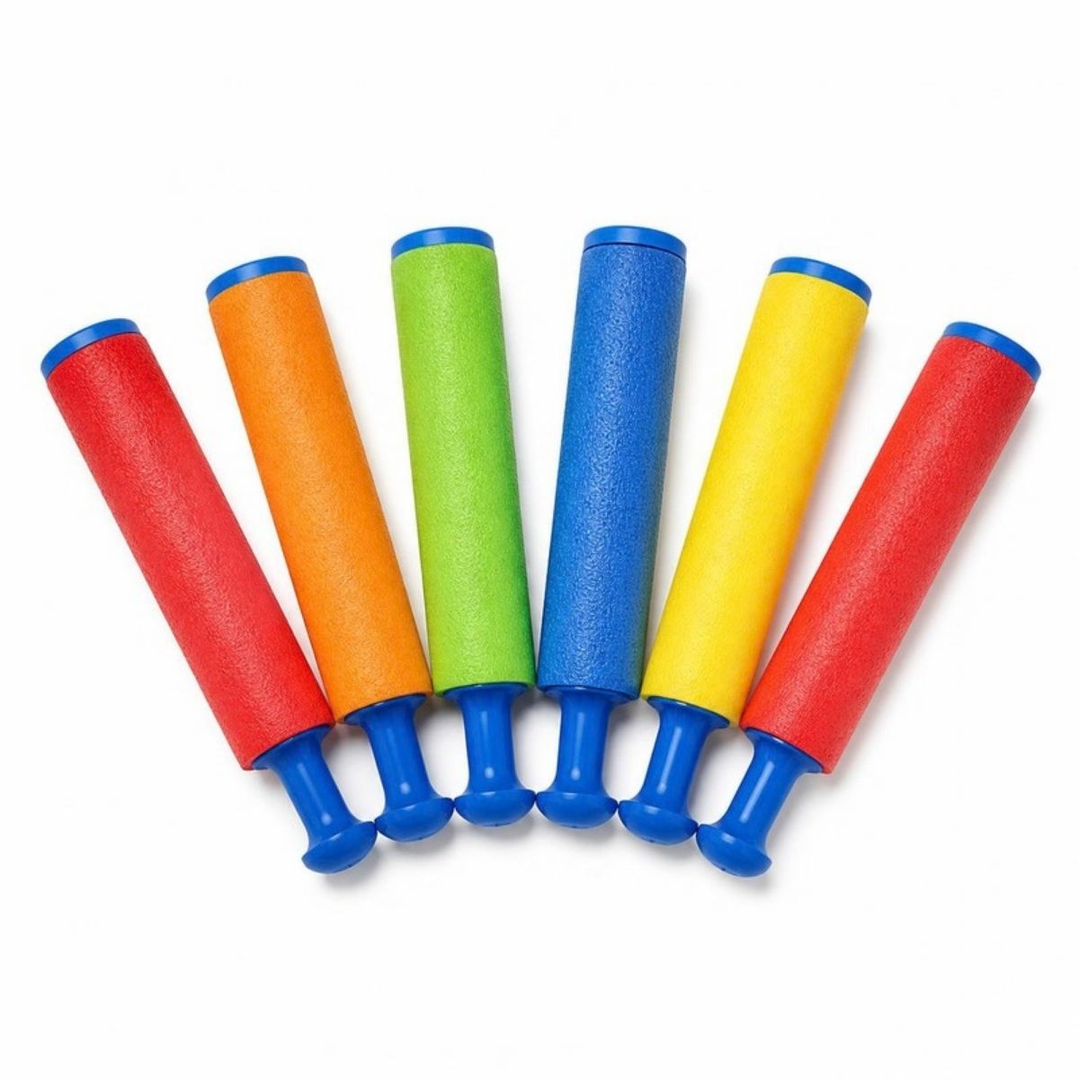 Six foam water blasters in red, orange, green, blue and yellow