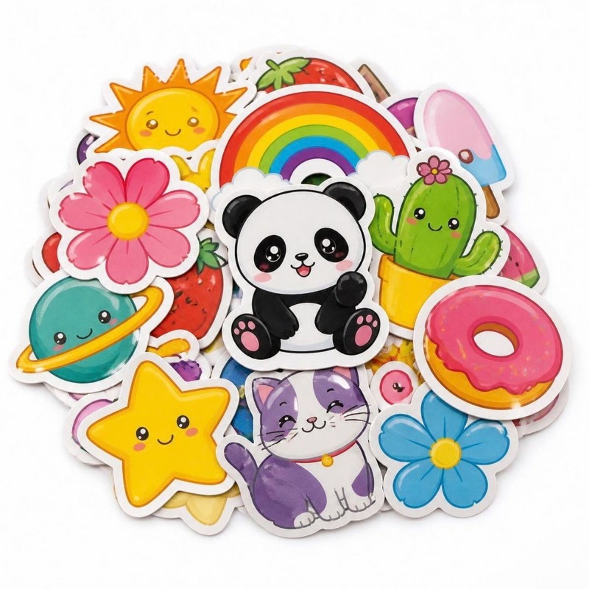 Pile of cute cartoon stickers with a panda, cat, rainbow, cactus and donut
