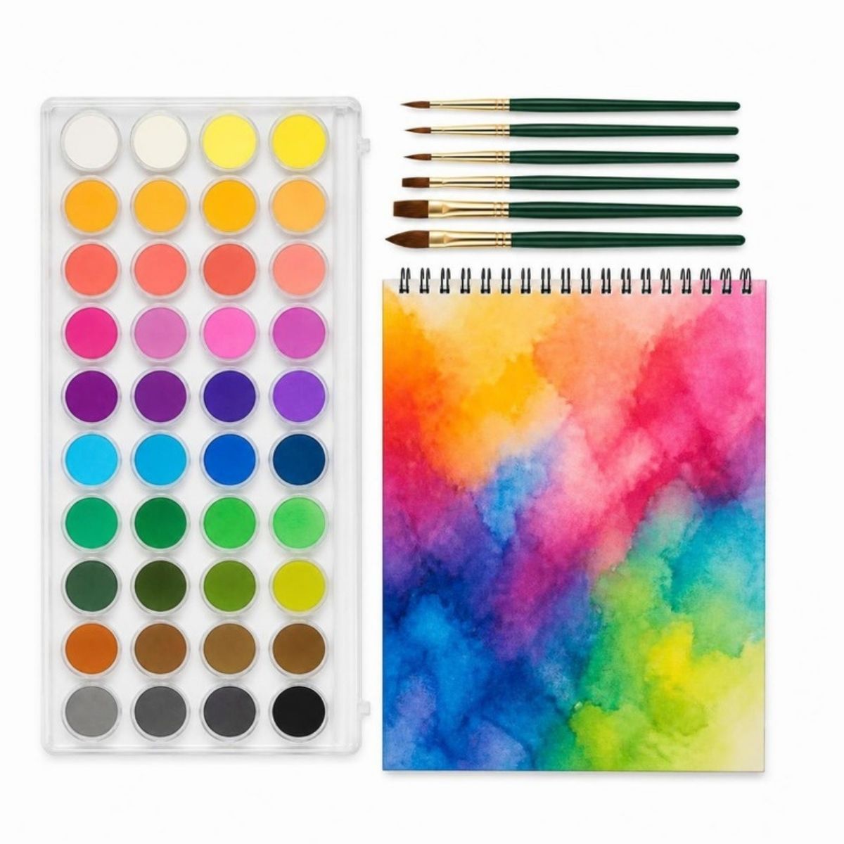 Clear plastic case of round watercolor paints with six brushes and a spiral watercolor pad